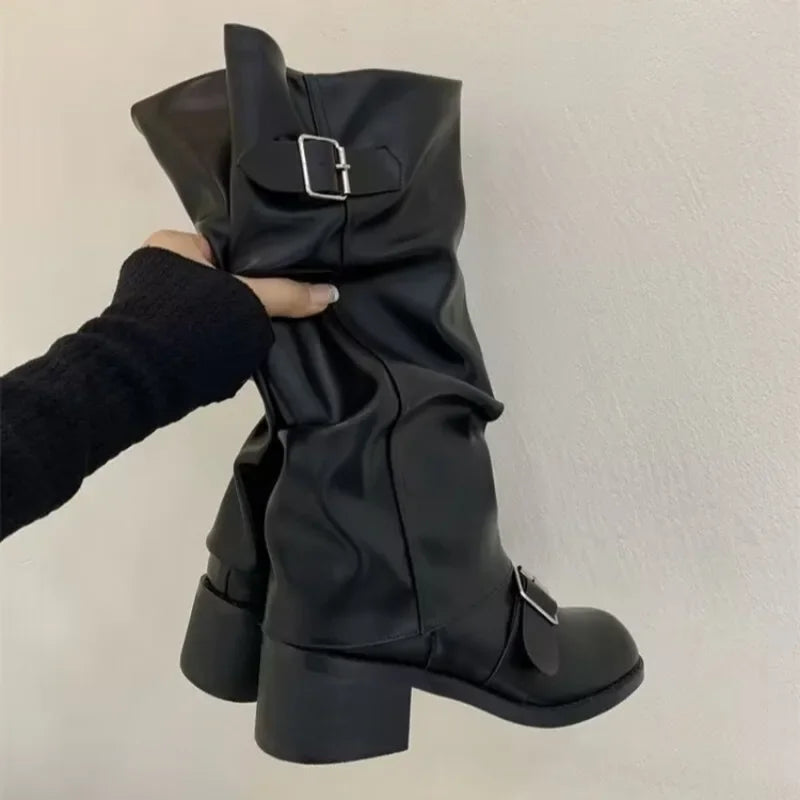 Rock Women Boots Punk Ladies Shoes Women Buckle Knight Boots Motorcycles Boots Woman Slip-On Thick Heel Riding Botas Mujer 2024