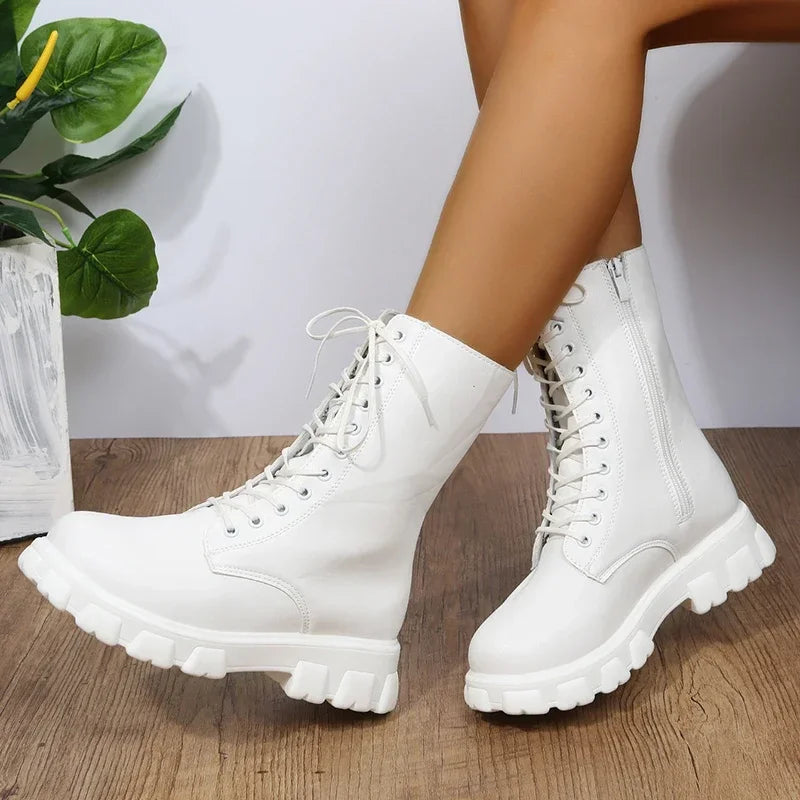 2025 Boots Women  Autumn Winter PU Leather White Ankle Boots Motorcycle Female Chunky Heels Platform Boots
