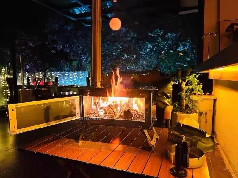 Outdoor tent camping, heat-resistant glass observation stove, portable foldable stainless steel winter heating wood stove