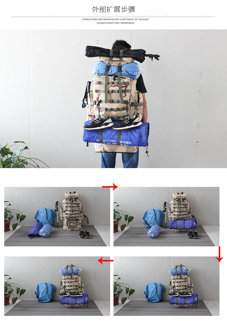 70-100L Outdoor Camping Travel Sports Backpack Military Camo Tactical Bag Large Capacity Waterproof Hiking Mountain Climbing Bag