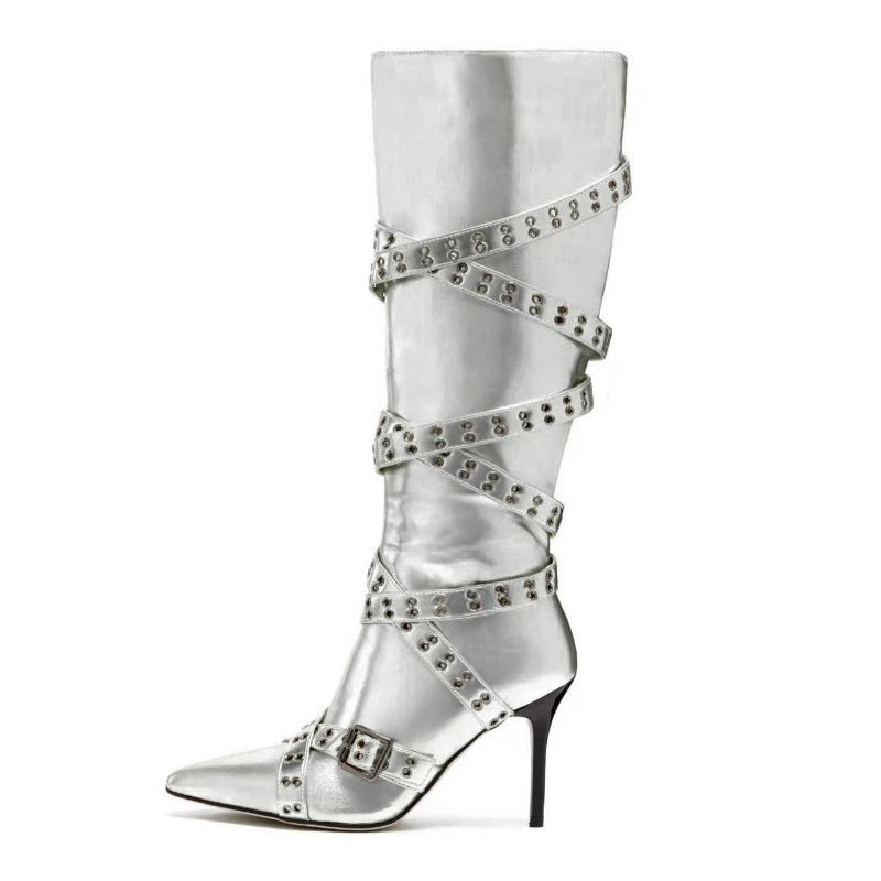 Brand Cross Strap Riveted Retro Silvery Knee High Boots New Spicy Girl Pointed High Heel Motorcycle Boots Fashion Women Shoes