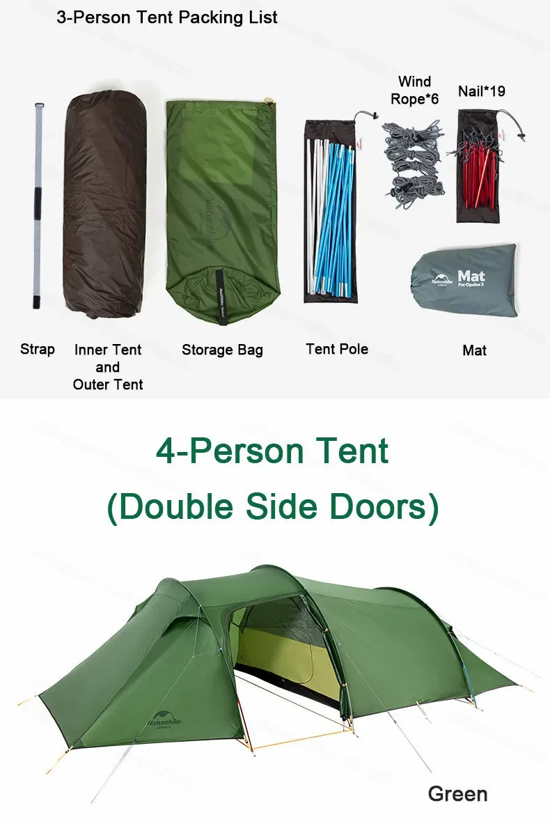 Naturehike-Ultralight Opalus Tunnel Double Tent, Outdoor Camping, Hiking, 2, 3, 4 Persons