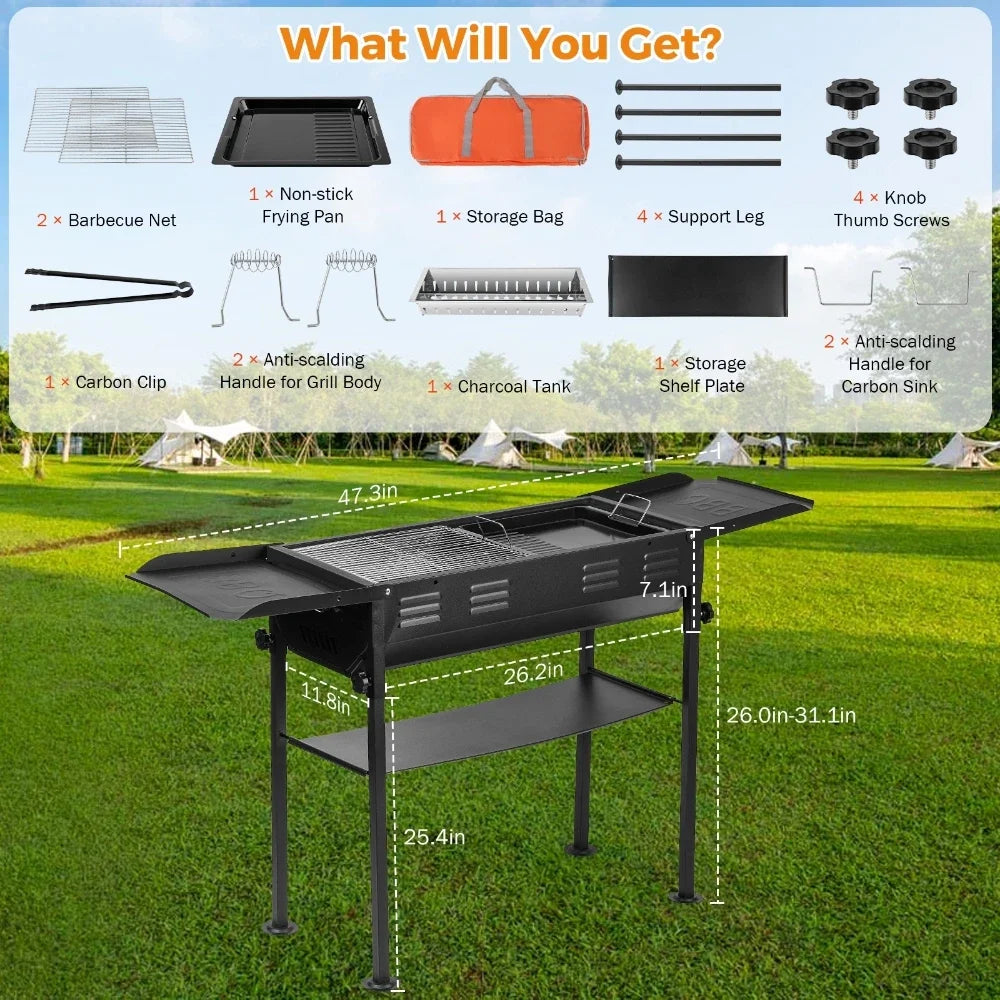 120x30x65cm Portable BBQ Grill Folding Charcoal Grill Household Garden Backyard Camping Barbecue Grill Stainless steel Black