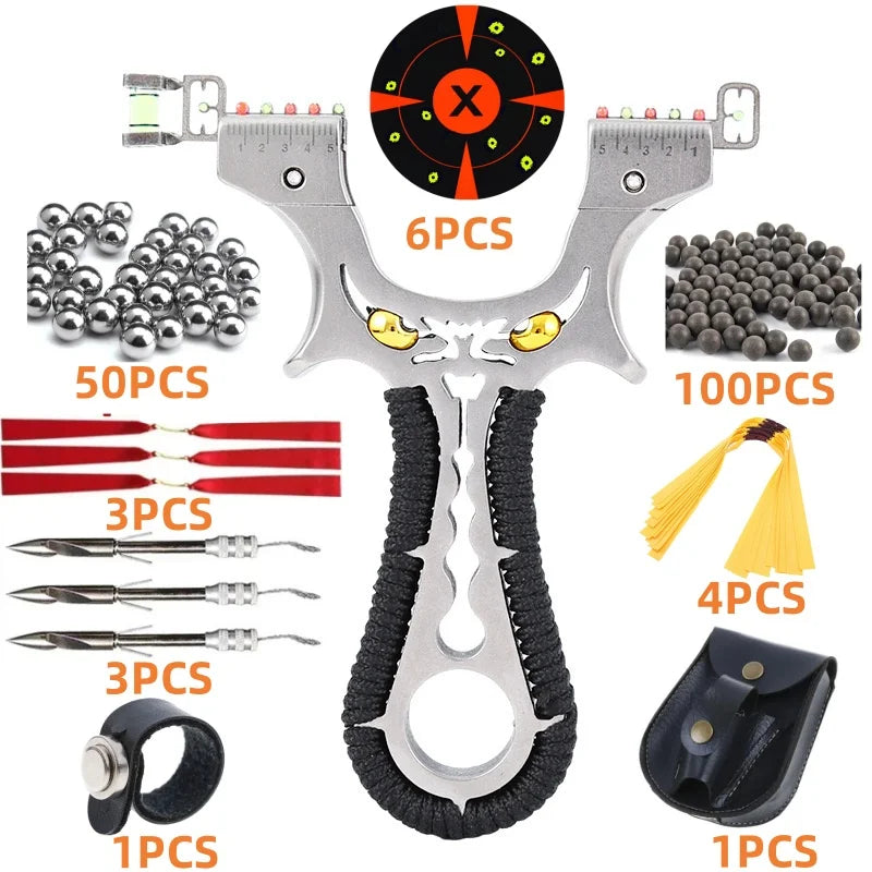 Powerful 304 Stainless Steel Slingshot Precise Shooting Outdoor Handle Hunting Catapult With Flat Rubber Band