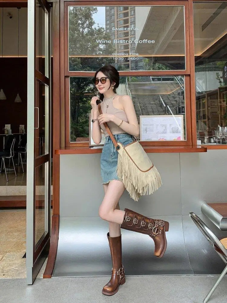 Metal Buckle Square Toe Knee High Boots Women Black PU Leather Punk Long Boots Woman Autumn 2025 Chunky Heels Motorcycle Booties