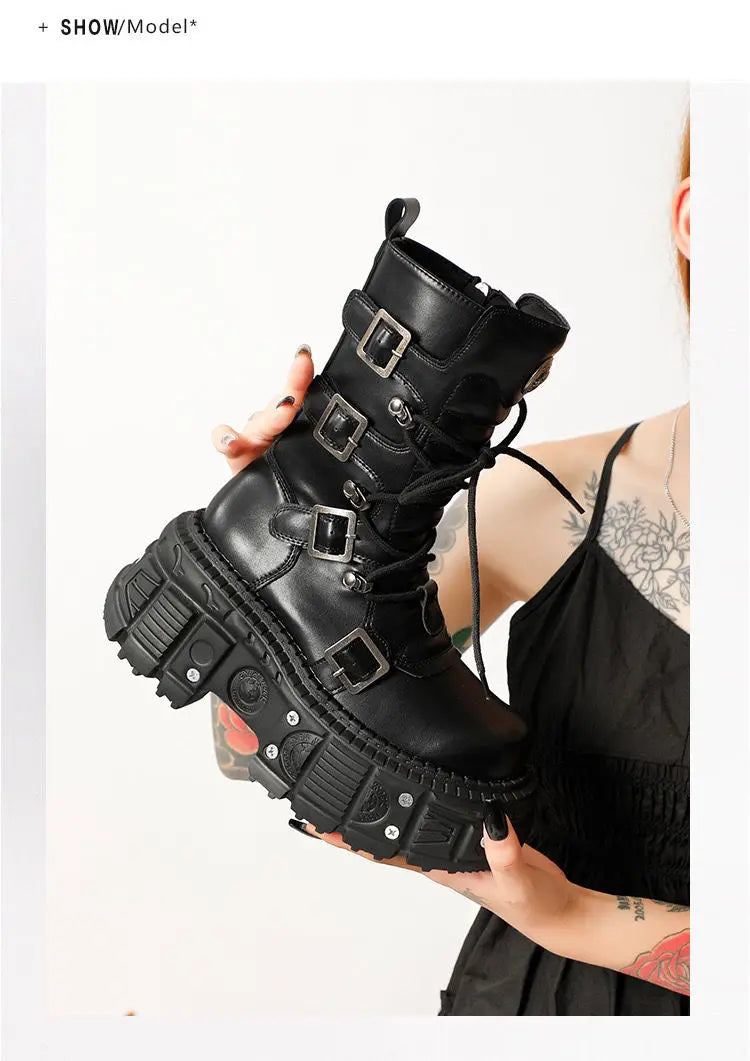 Women's 2025 New Niche Internet Celebrity Muffin Platform Locomotive Punk Goth Lace-up Medium Boots