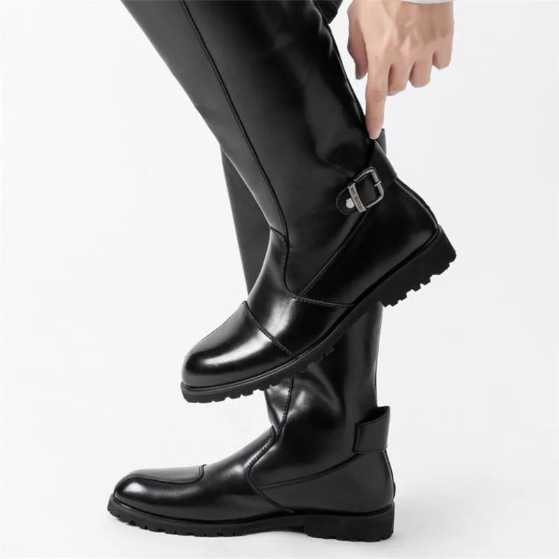 New Arrival Black Long Knee Boots Men Round Toe Buckle High Top Casual PU leather Shoes Man Motorcycle Boots Size 37-46