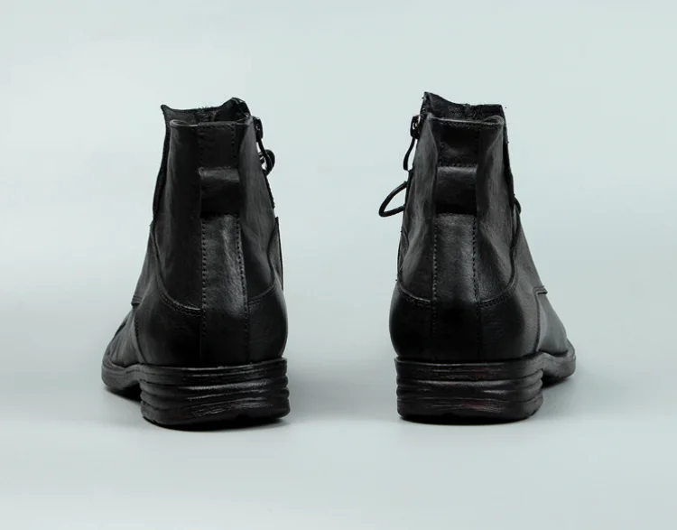 Vintage Mens Cowhide Genuine Leather Riding Ankle Boots Lace Up High Top Work Shoes Vintage Round Toe Autumn Moto Biker Boots