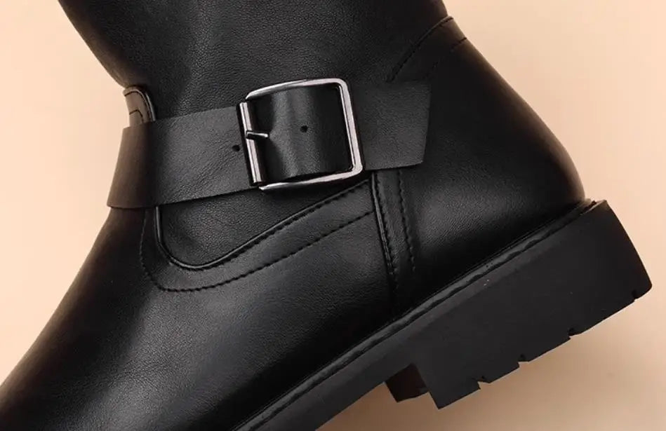 Men Fashion Leather Motorcycle Boots Mid-calf Warm Boots Black Gothic Belt Rivet Punk Rock Boots Tactical Boots 37-45