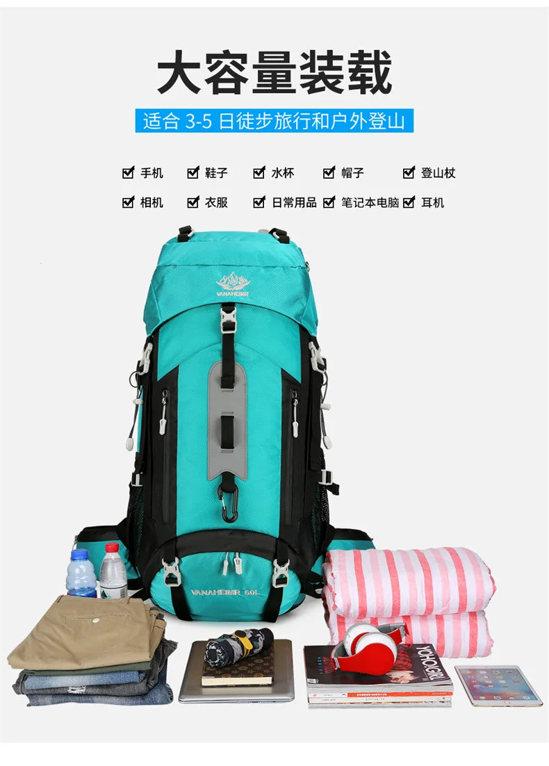 60L Large-Capacity Outdoor Mountaineering Backpack,Anti Splashing Water Wear-Resistant Camping Hiking And Cross-Country Backpack