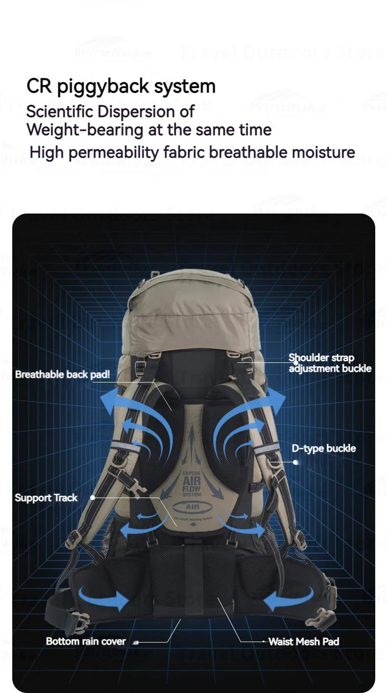 Naturehike Outdoor Backpack 70+5L Large Capacity Trekking Bag Backpack 420D Nylon Camping Hiking Travel Backpack With Rain Cover