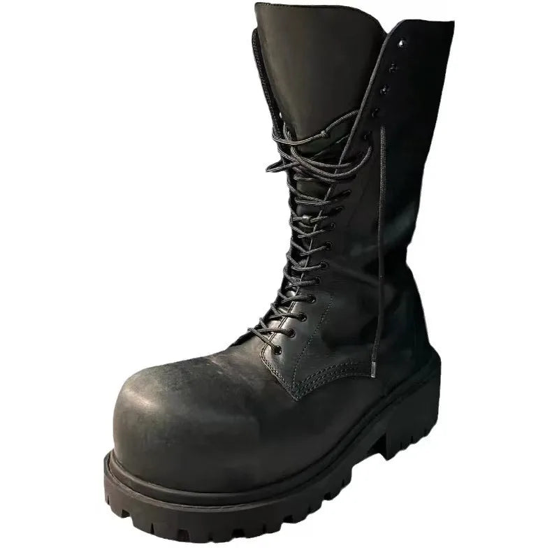 Black Leather Motorcycle Men's Boots Leather Shoes Thick Heel Round Toe Height Increasing Lace Up Work Boots Botas Mujer