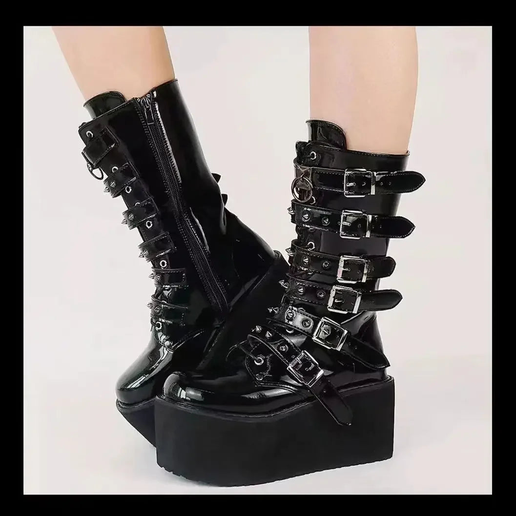 Brand Fashion Gothic Boots for Women Street Woman Boots Wedges Buckles Glittered Black Chunky Platform Motorcycles Boots Women