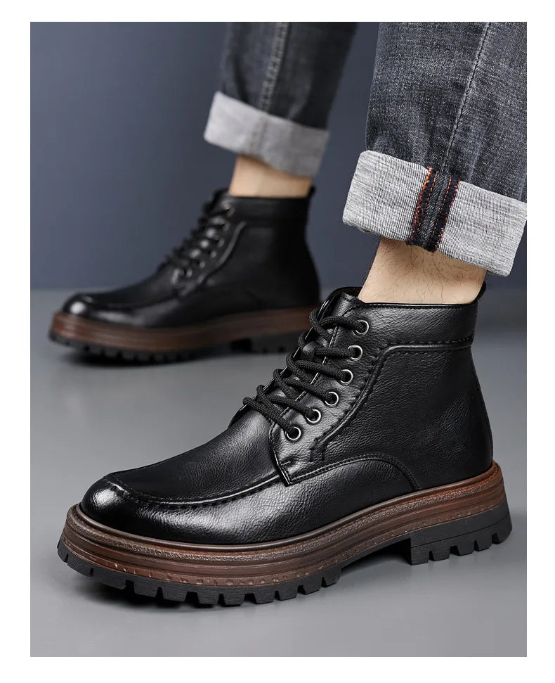 2025 Autumn Winter New Platform Boots for Men Keep Warm Fashion Casual Ankle Boot Male Solid Color Outdoor Cow Leather Shoes Man