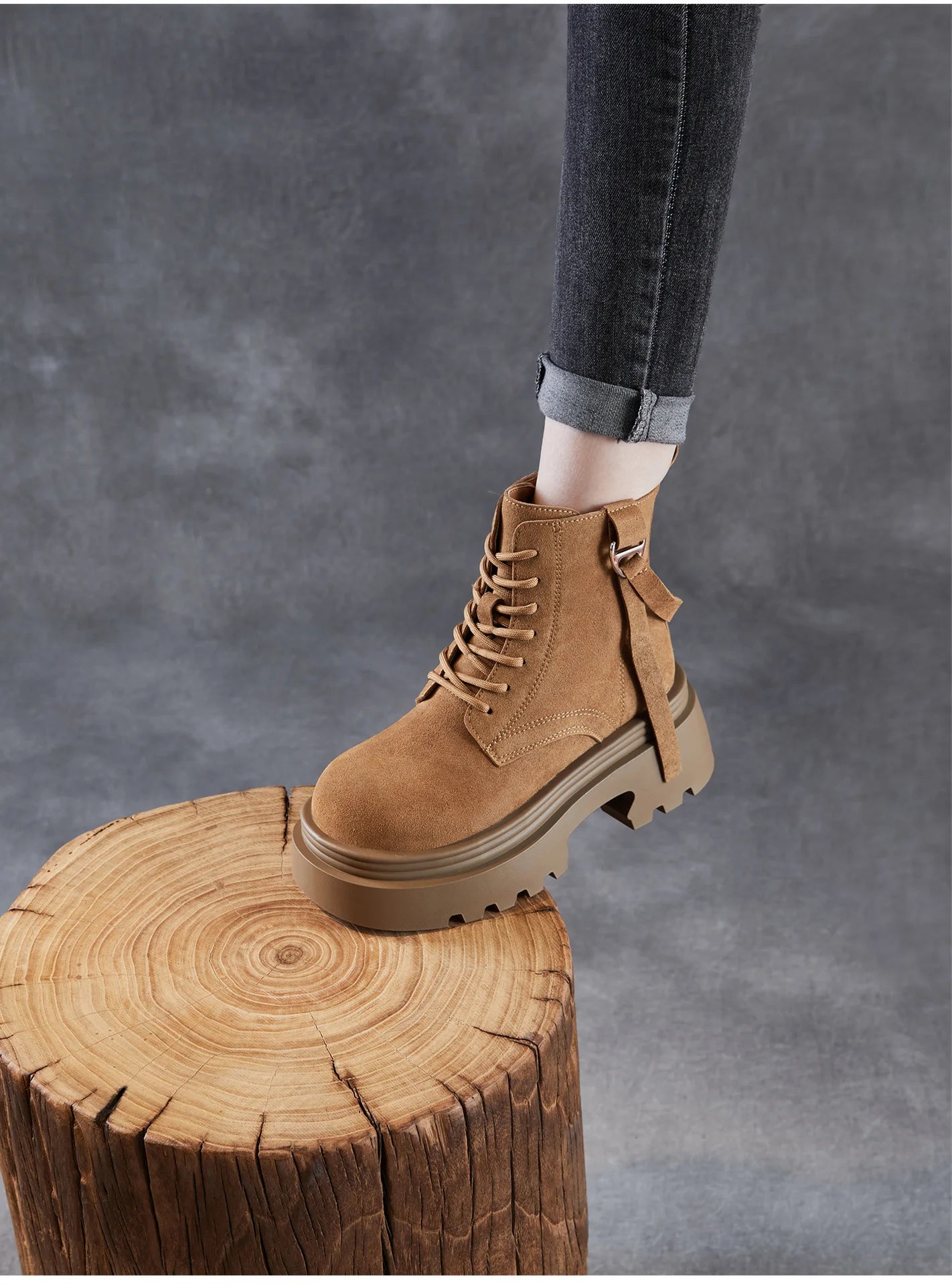 6.5cm Cow Suede Genuine Leather Women Booties Elthnic Pumps Comfy Ankle Knee High Spring Motorcycle Shoes Flats Platform Wedge