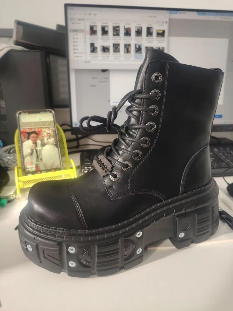 Women Omet Dark Motorcycle Heavy Metal Platform Cross-border Boots 2024 Spring New Female Punk Small Leather Men Shoes