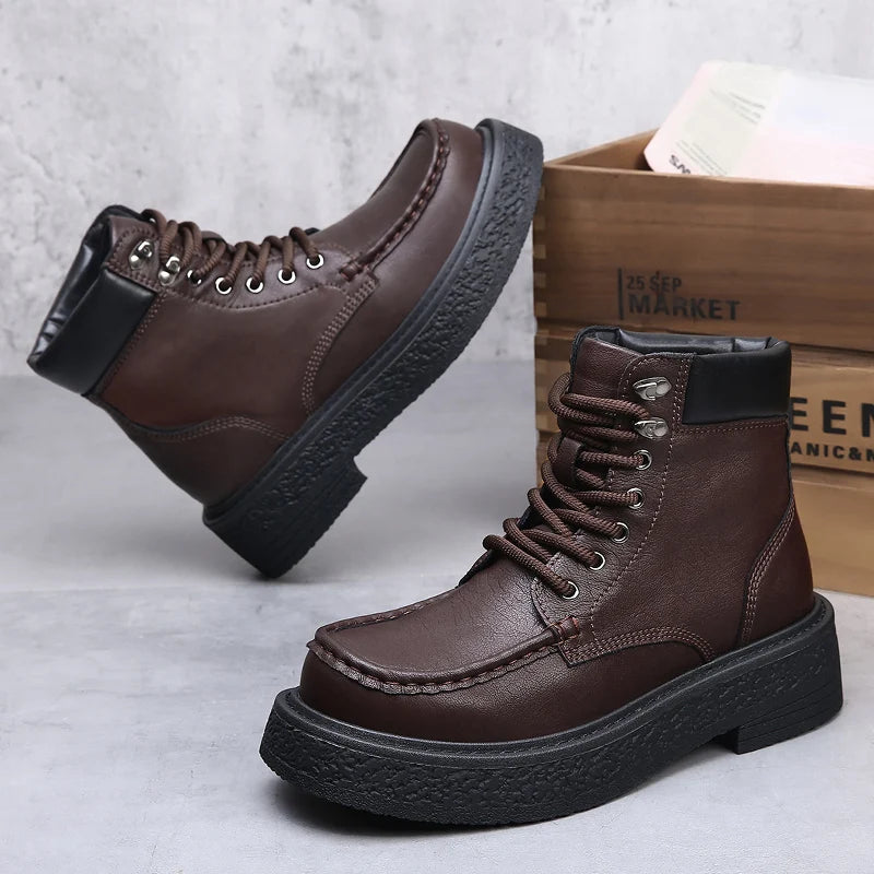 Leather Male Casual Shoes High Quality Comfortable Motorcycle Boots New High Top Man Botas Fashion Mens Lace Up Walking Boots