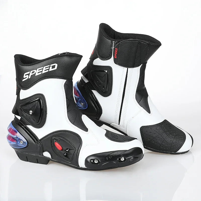 SPEED Botas Motorcycle Riding Boots for Men Rubber Sole Sport Bikes Ankle Protective Motorcycle Shoes with Zipper Closure