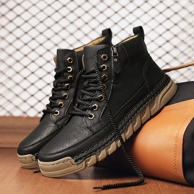 Men's High Top Leather Ankle Boots Comfortable Motorcycle Boots Non Slip Walking Training Shoes Botas Outdoor Treking Footwear