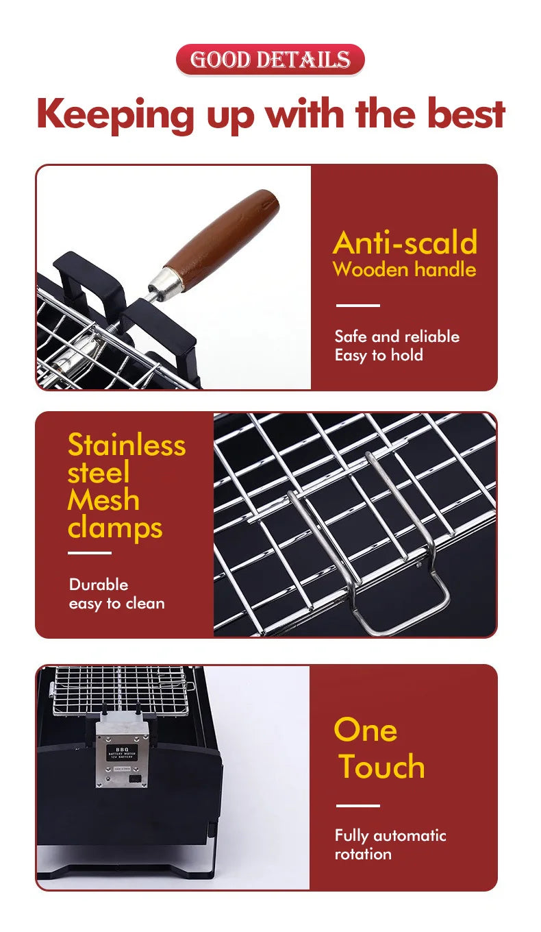 12V Automatic Stainless Steel Motorised Rotisserie Cypriot Rotating Charcoal Grill For Outdoor Camping Barbecue Grill