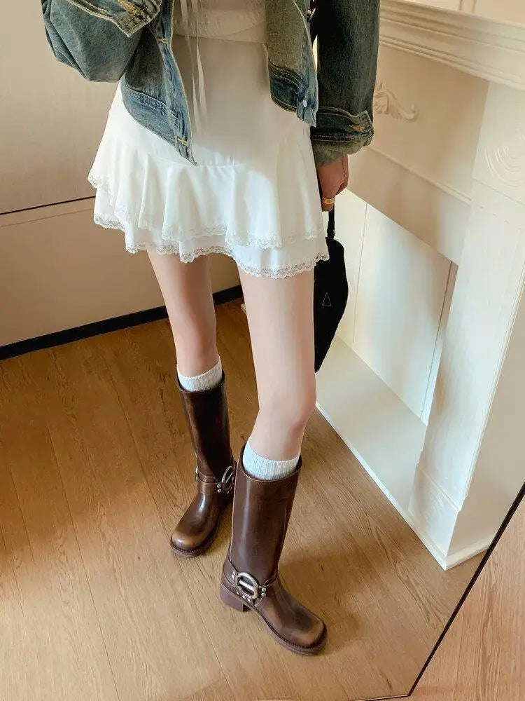 Metal Buckle Square Toe Knee High Boots Women Black PU Leather Punk Long Boots Woman Autumn 2025 Chunky Heels Motorcycle Booties