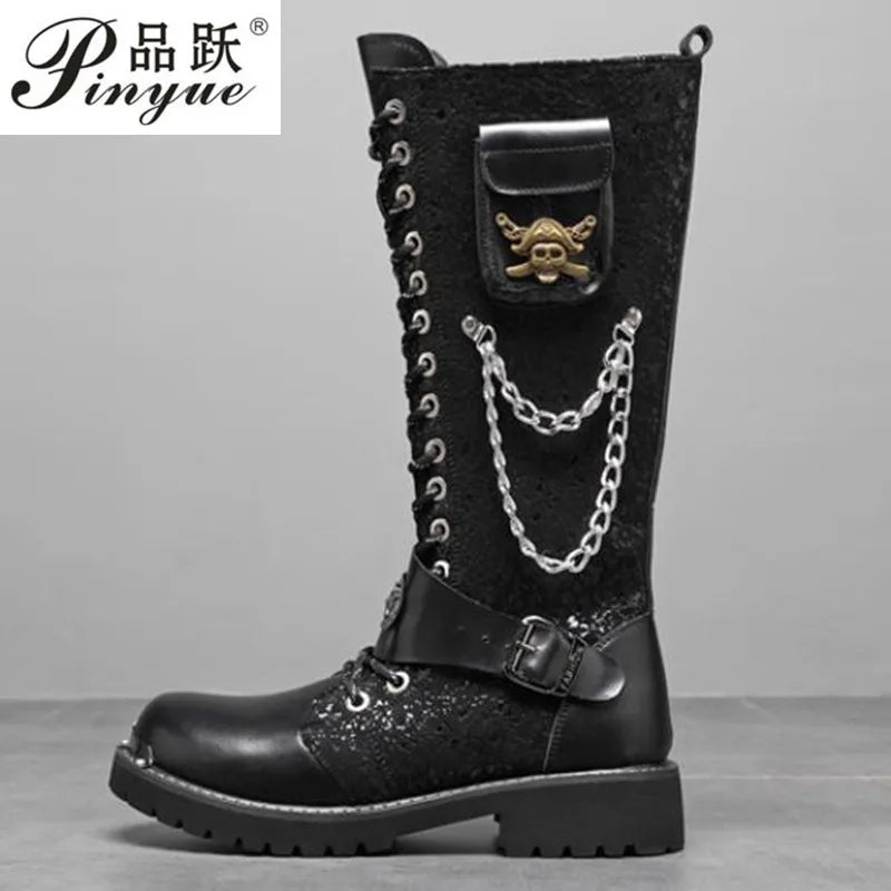 Men Motorcycle Boots Mid-calf Breathable Combat Boots Gothic Belt Punk Boots Men Shoes Hightop Casual  Metal toe boots 38-46