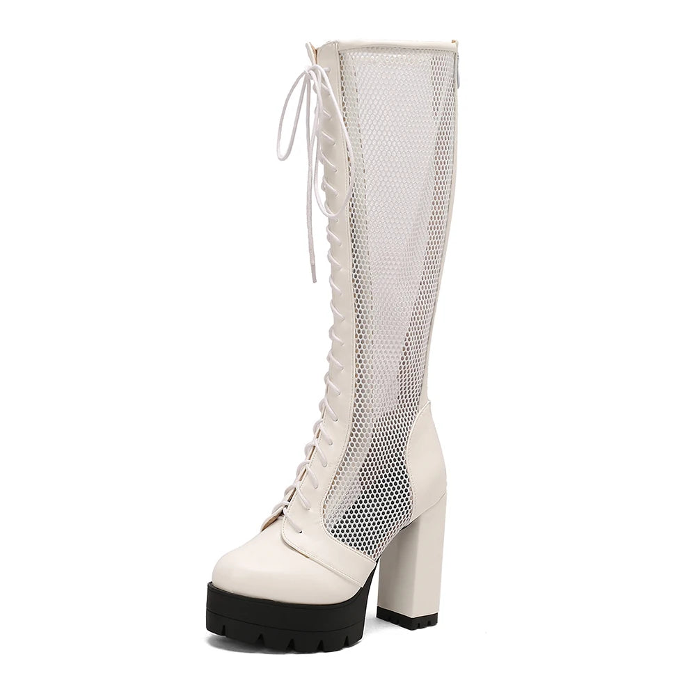 2026 PU Leather Women Knee High Heel Boots Platform Square High Heel Women Summer Boots Fashion Mesh Women's Shoes Pink Yellow