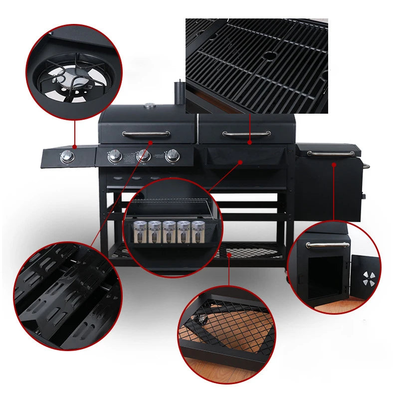 Grill Burner Gas & Charcoal Outdoor with Side Smoker Coated Finish for Family Gatherings