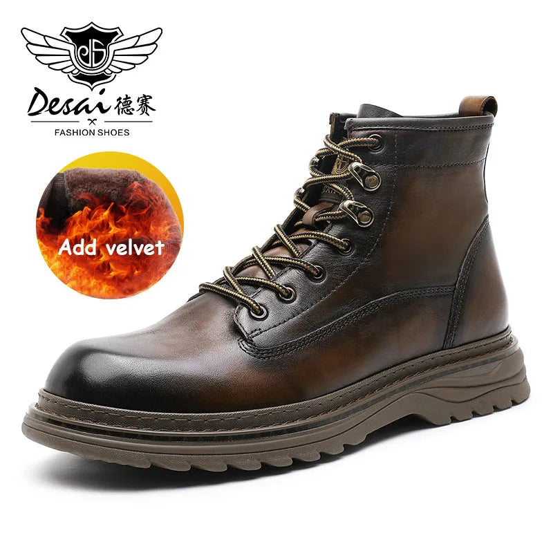 Desai Brand Men Boots Winter Cowboy Full Grain Genuine Leather Military Men Motorcycle Shoes Casual Work Fashion High Quality