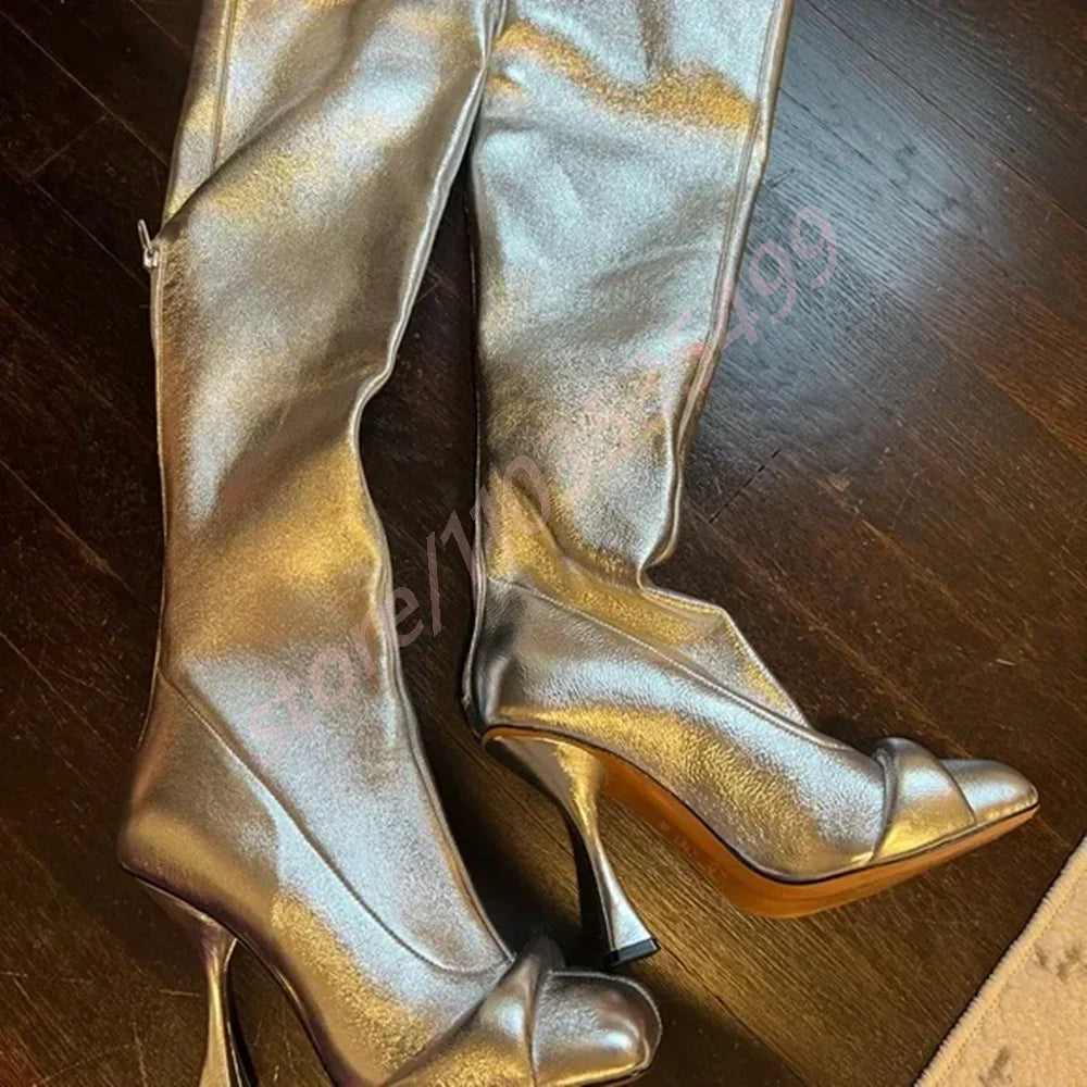 Square Toe Ladies Sexy Knee-High Leather Boots High Heel Pleated Boots Party Zipper Boots 2025 New Street Fashion Catwalk Boots