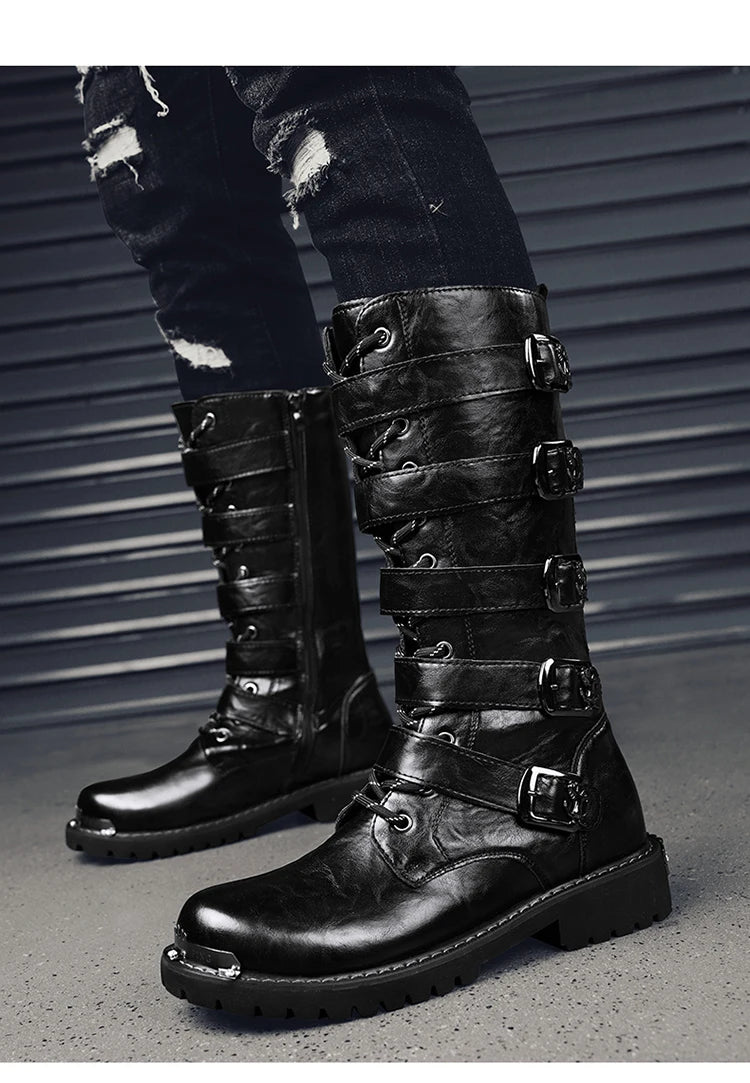 2025 High Leather Boots Men Black Boots Gothic Punk Motorcycle Boots Men Big Size 46 Comfy Platform Boots for Men Tooling Boots