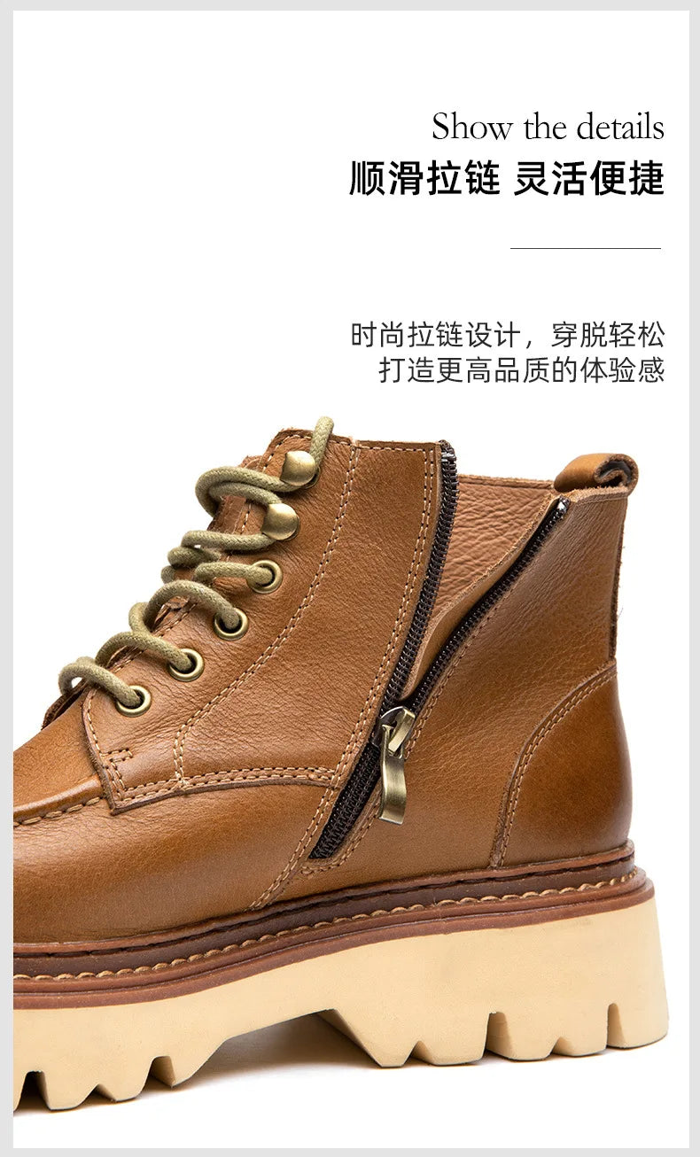 Men's Motorcycle Boots Genuine Leather High Top Motorbike Ankle Boots Thick Soled Vintage Round Toe Casual Punk Dress Shoes