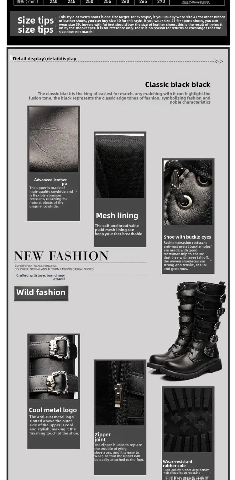 Men Winter Motorcycle Boots Mid-Calf Punk Rock Punk Shoes Mens PU Leather Black High Top Casual Boot Man Motorcycle Boots