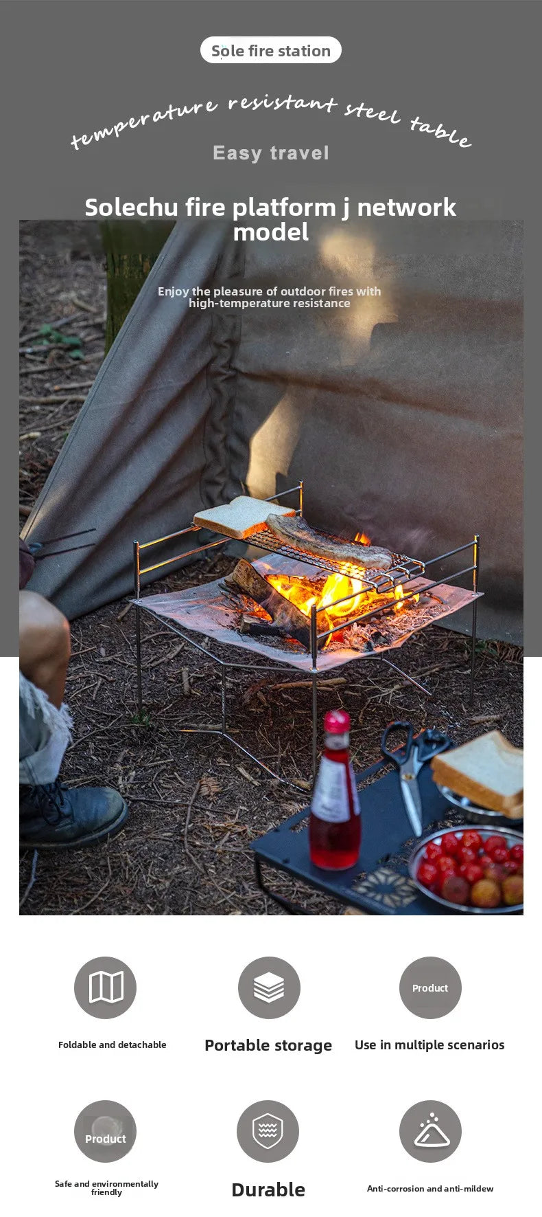 Outdoor Camping Heating Stove Campfire Stainless Steel Foldable Lightweight Grill with Grill Net Solo Fire Pit Wood Stove