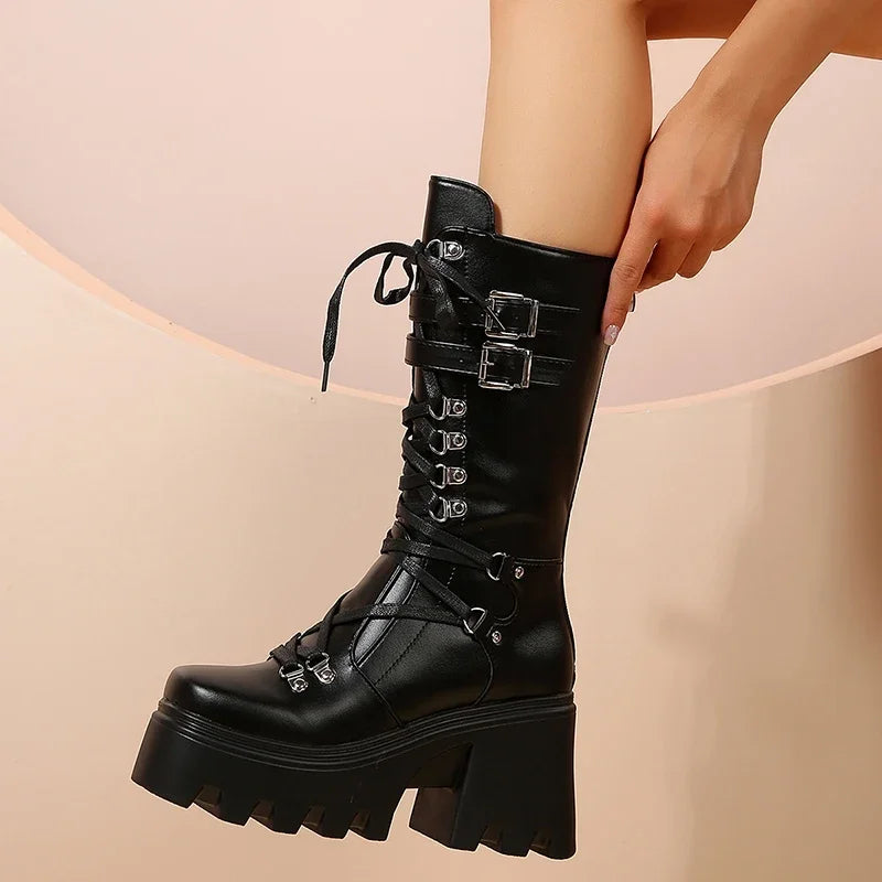 2024 New Punk Motorcycle Boots Women Patent Leather Wedges Platform Mid Calf Boots Woman Lace-Up Chunky Heel Gothic Botas Mujer