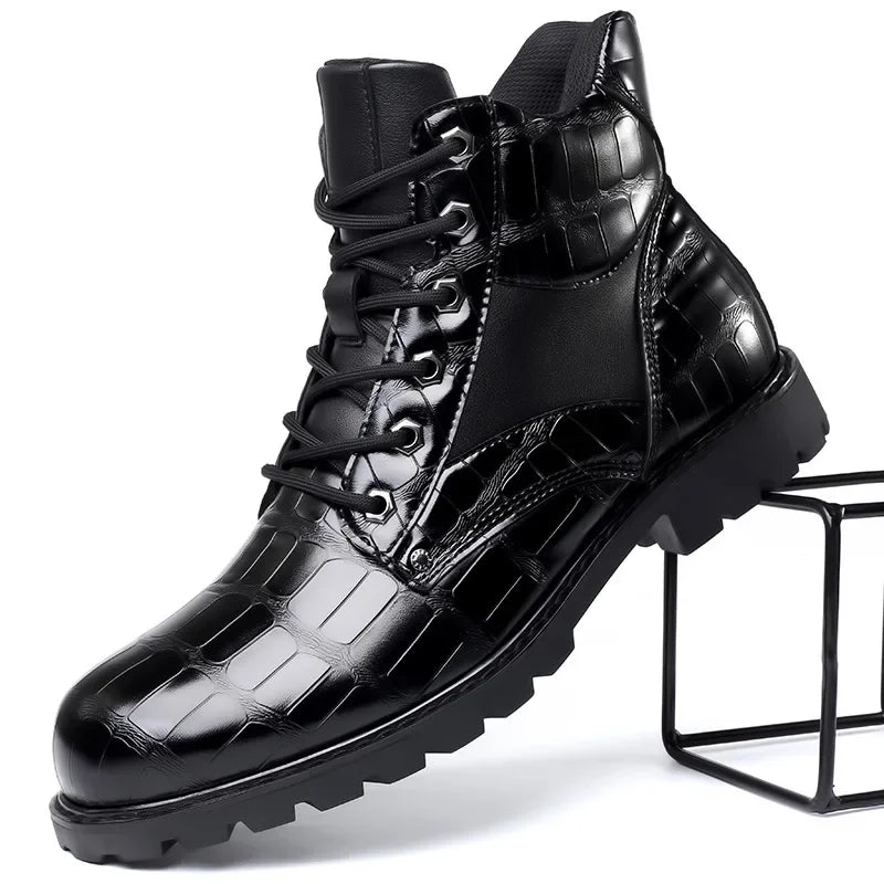 Size 38-48 Classic Design New Men's Ankle Boots Handsome Thick Sole Patent Leather Crocodile Lines Men's Short Motorcycle Boots