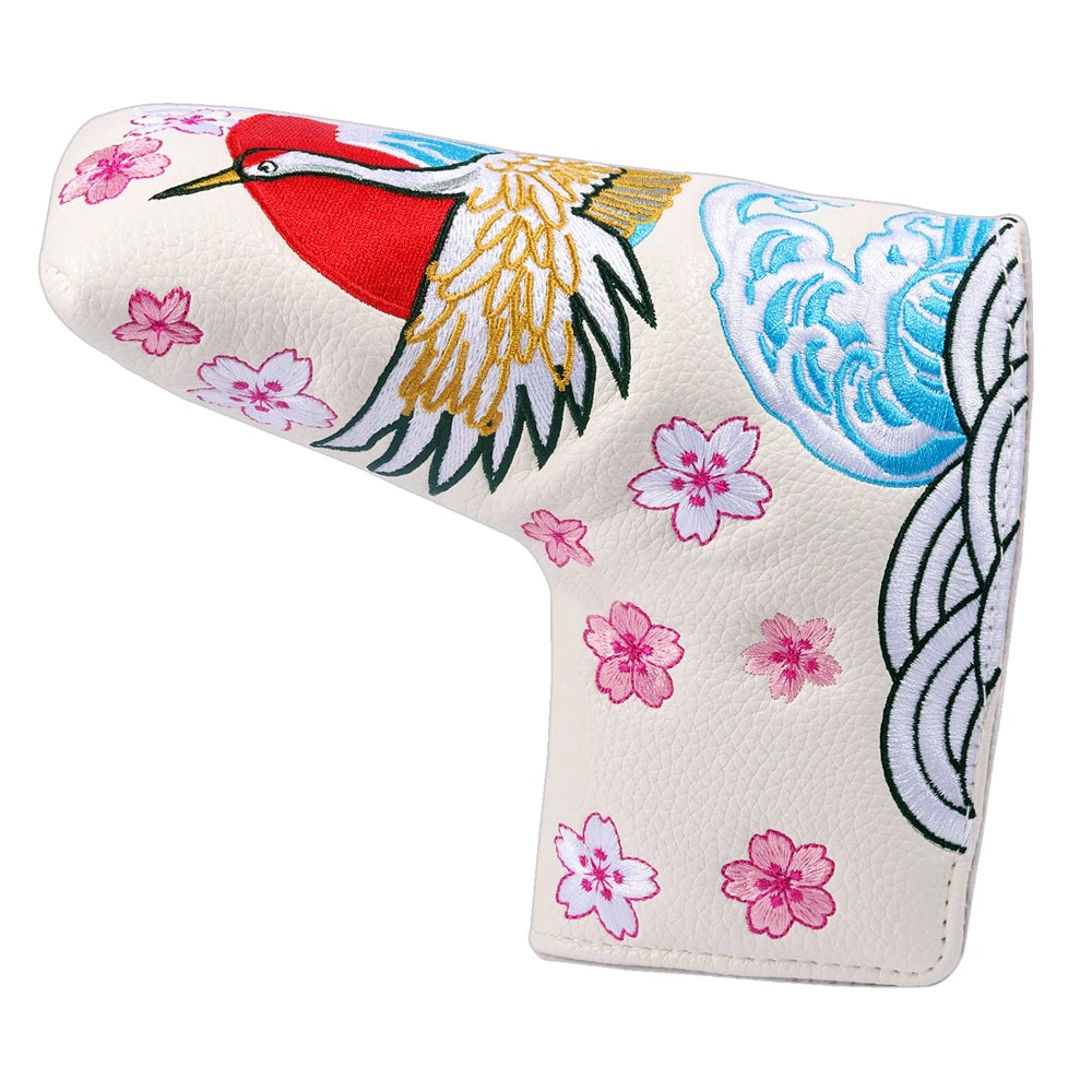 PU Leather Crane Japan Embroidery Magnetic Closure Golf Blade Putter Cover Golf Mid Mallet Putter Headcover