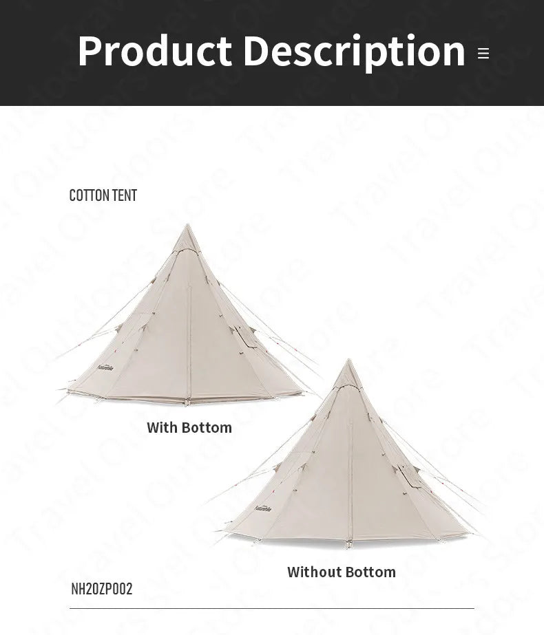 Naturehike Pyramid A-type Tent Teepee Tipi Tent With Chimney for 5-8 People Family Travel Camping Cotton Blend 9.6 Waterproof