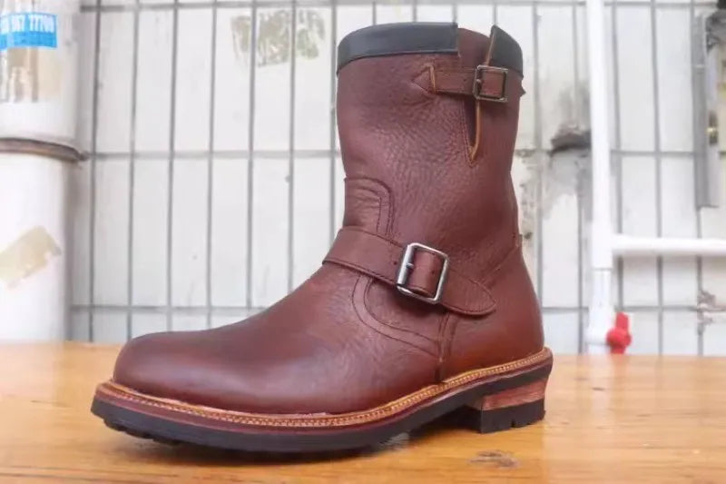 Vintage Mens Cowhide Genuine Leather High Top Engineer Boots Buckle Round Toe Motorcycle Riding Boots Zipper Work Safety Shoes