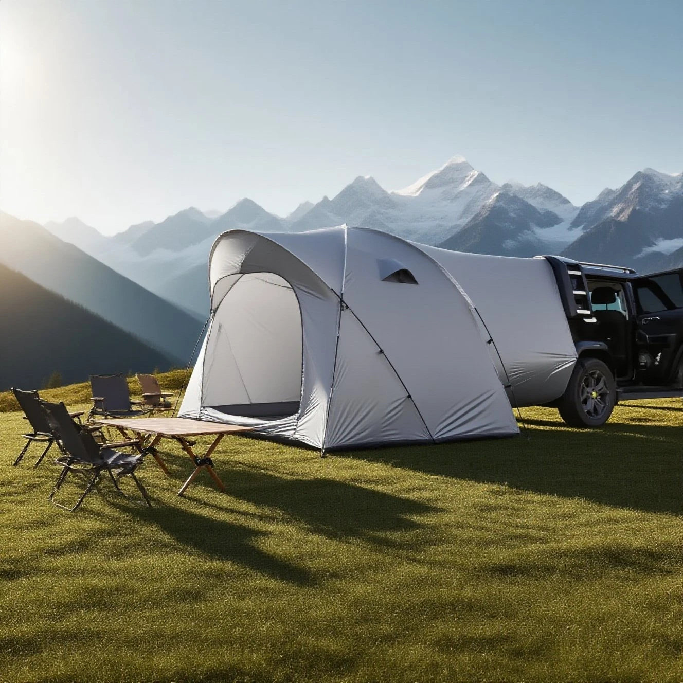 3-4 Person SUV Camping Tent PU4000 Waterproof with Mesh Bug Door, Cross-Ventilated Quick-Pitch Design, Built-In Floor