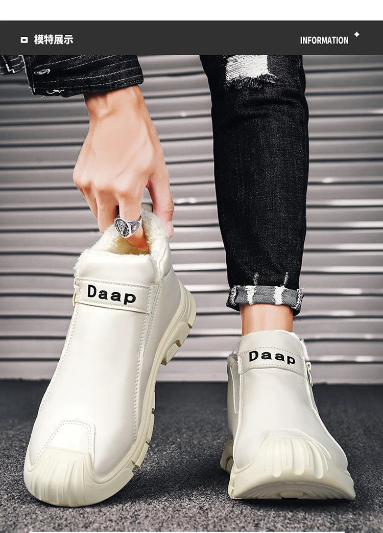 2025 High Top Men's Winter Shoes Comfortable Black Fluff Boots Men Warm Plush Leather Casual Sneakers Men Work Motorcycle Boots