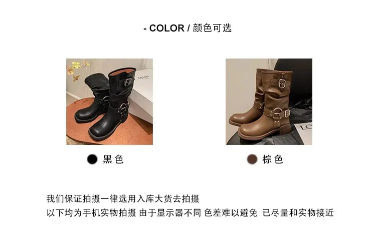 Fashion Buckle Motorcycle Boots Women Round Toe Med Heels Ankle Boots Woman 2024 Pu Leather Square Heel Autumn Platform Shoes