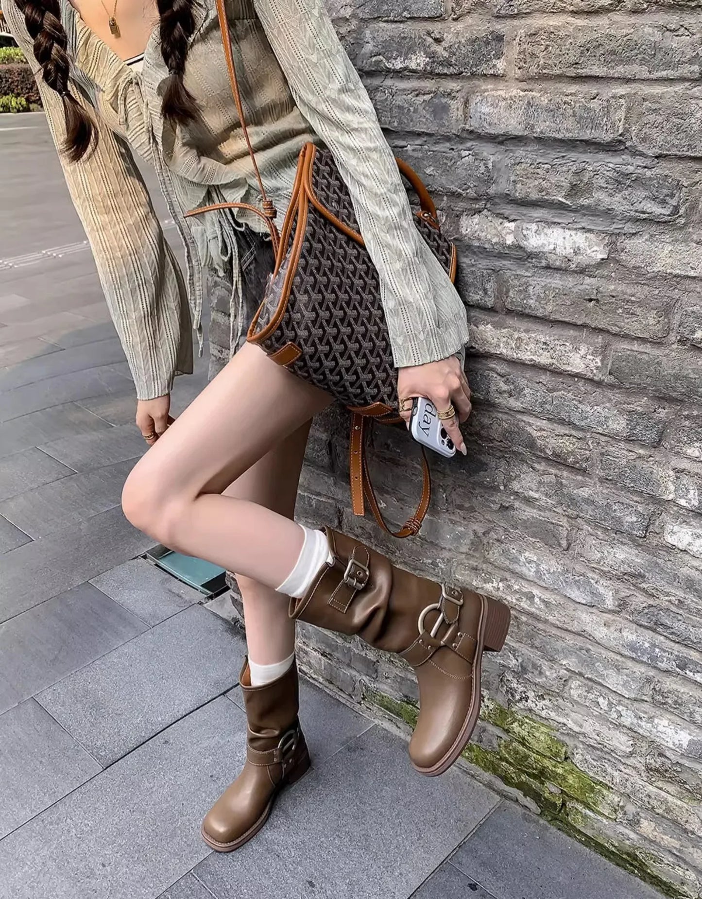 Fashion Buckle Motorcycle Boots Women Round Toe Med Heels Ankle Boots Woman 2024 Pu Leather Square Heel Autumn Platform Shoes