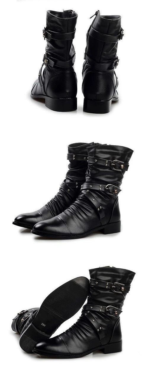 Winter Pointed Toe Men's Mid-calf Boots Buckle Strap Chelsea Boot for Men Leather Mens Motorcycle Boots High Top Man Winter Shoe