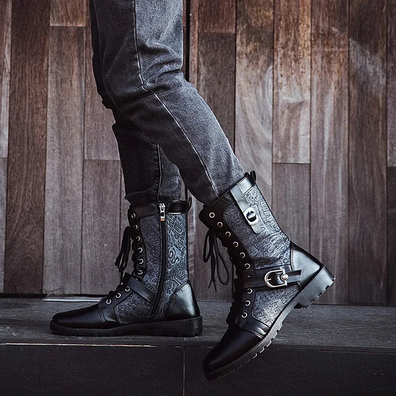 2025 Fashion Man Ankle Boots Lace Up  Platform Leather Shoes Motorcycle Retro Boots Britain Warm Male Platform Mid Calf Boots