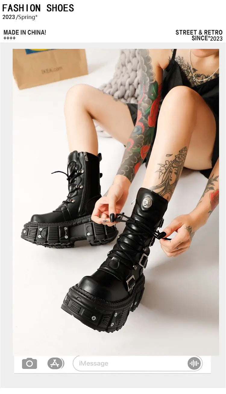 Women's 2025 New Niche Internet Celebrity Muffin Platform Locomotive Punk Goth Lace-up Medium Boots