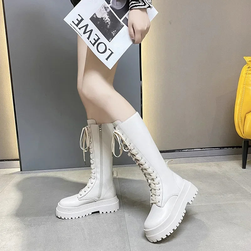 Women Knee High Boots Thick Sole Punk Style Women Motorcycle Boots Retro Square Heel Lace Up Women Boots Black White Botas Mujer