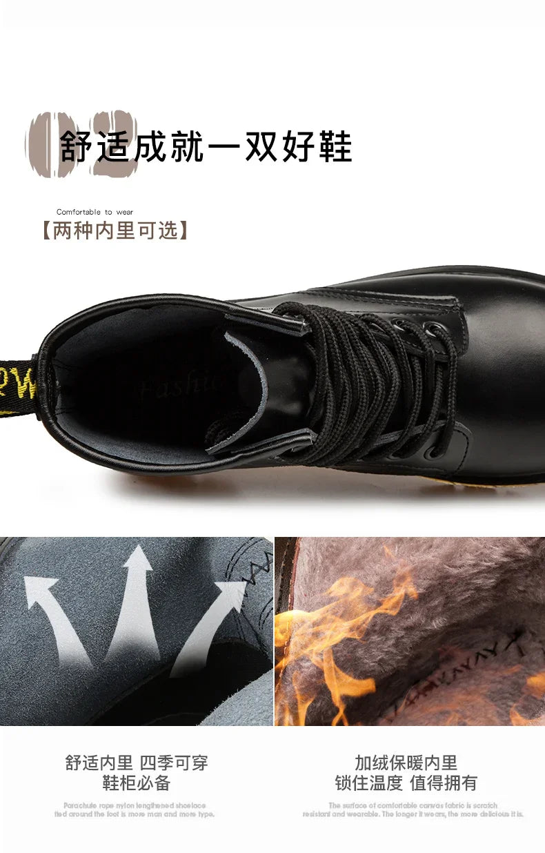 New Couple Boots Genuine Leather Motorcycle Shoes Breathable Waterproof Anti-Slip Warm Cotton Men's Women's Fashion Ankle Boots