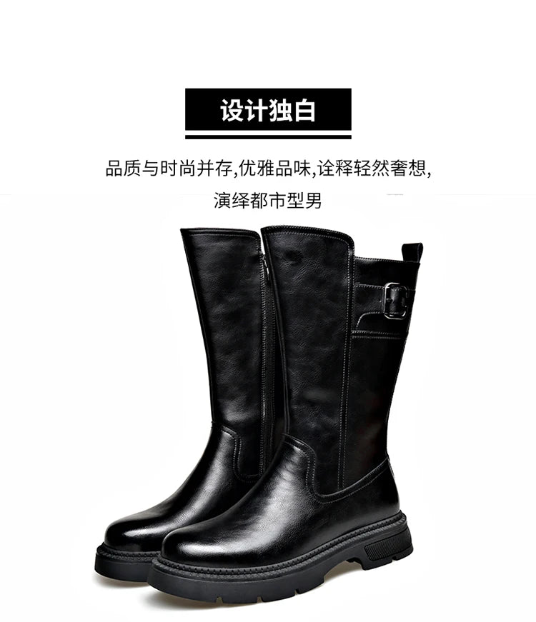 Tall Boots for Men Made of Leather with Increased Height and Soft Sole Western Cowboy Plush Insulation Knight Ankle Riding