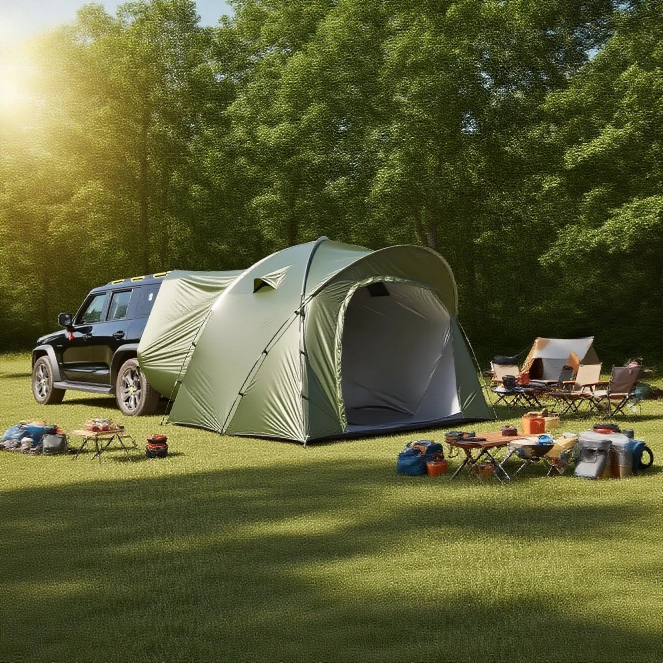 3-4 Person SUV Camping Tent PU4000 Waterproof with Mesh Bug Door, Cross-Ventilated Quick-Pitch Design, Built-In Floor